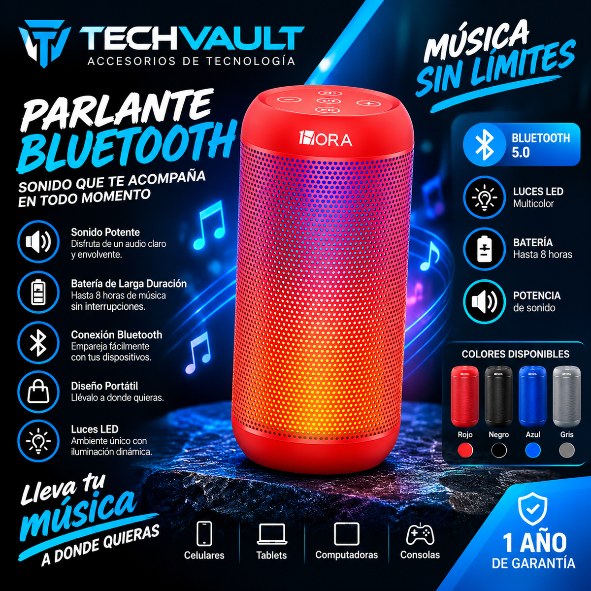 🔊 Parlante Bluetooth HORA con Luces LED Multicolor – ¡Música sin límites!