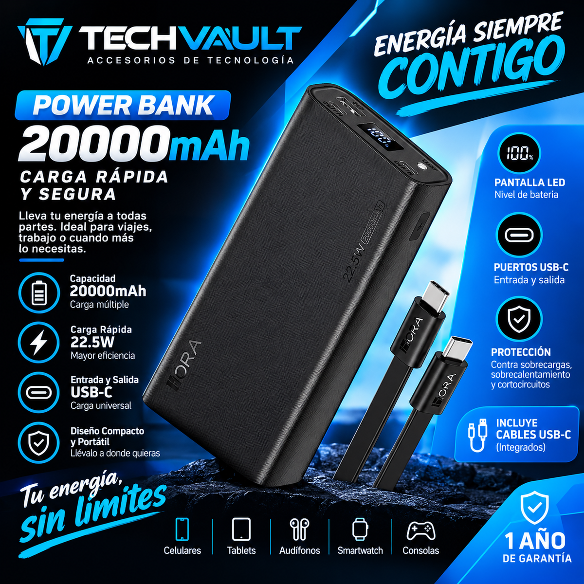 ⚡ Power Bank HORA 20.000 mAh – Carga rápida de 22,5 W