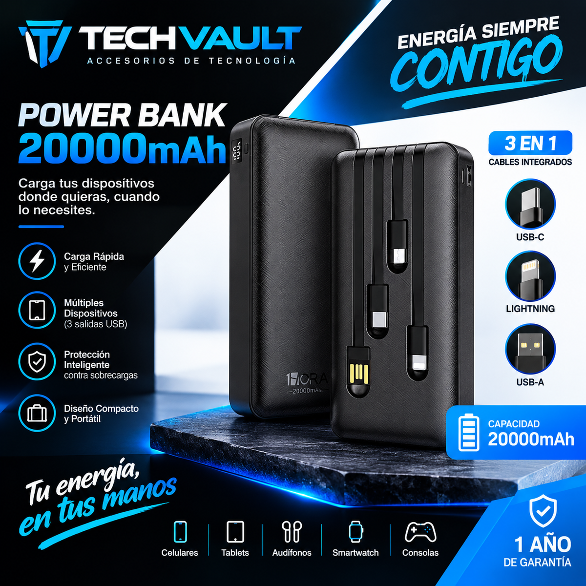 🔋 Power Bank HORA 20.000 mAh – Carga tus dispositivos donde quieras